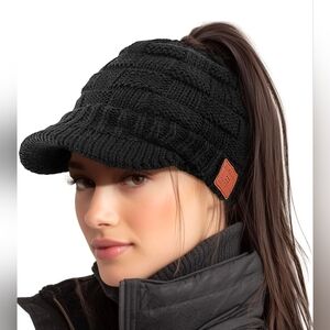 WeWow Womens Warm Knitted Hard Bill Pony Tail Rechargable Bluetooth Beanie Hat